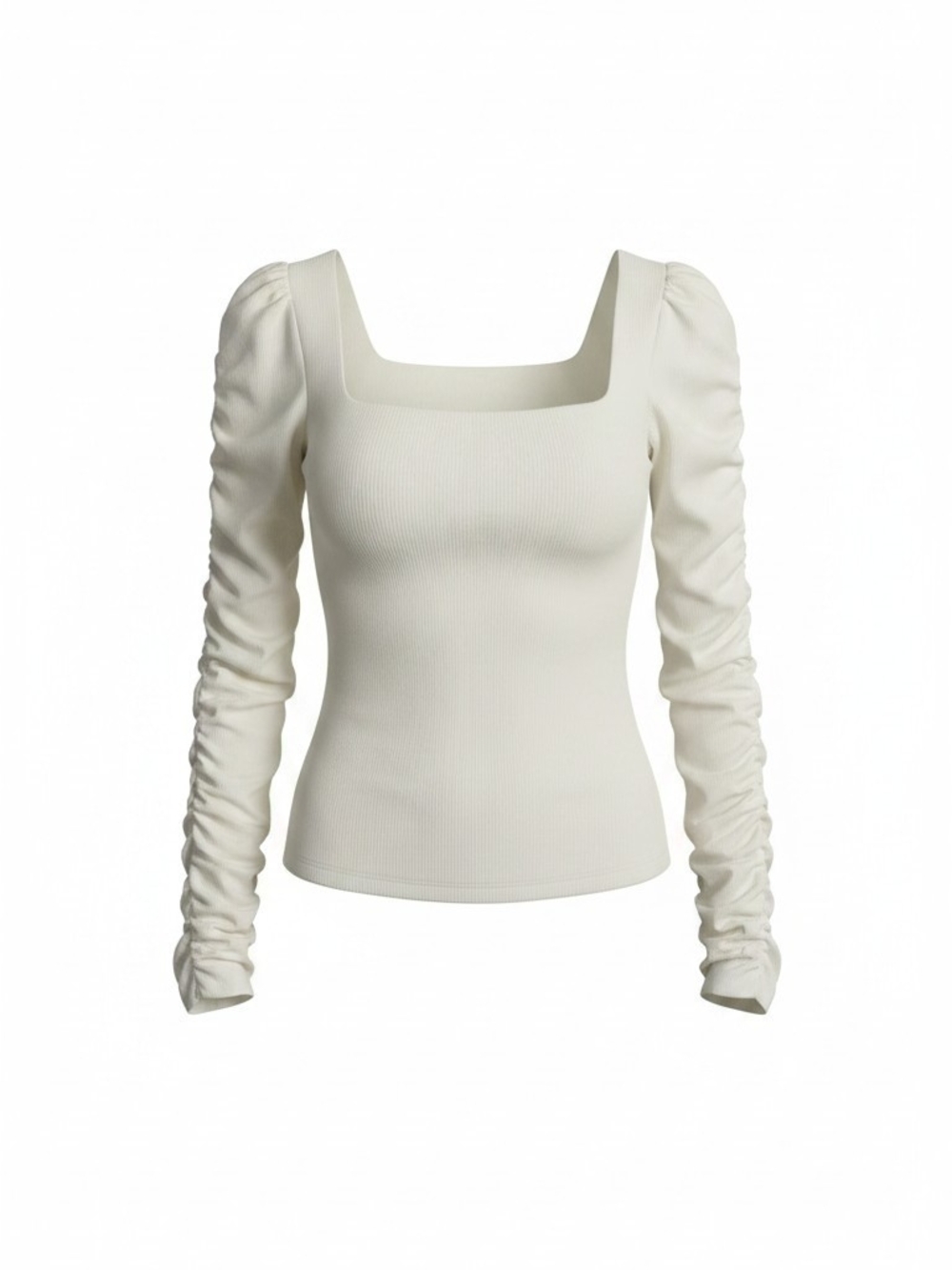 Elodie Cream Square-Neck Ruched Long Sleeve Top